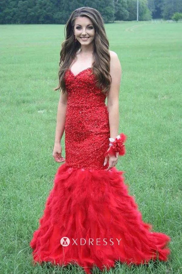red beads feather strapless long engagement gown red beads feather strapless long engagement gown