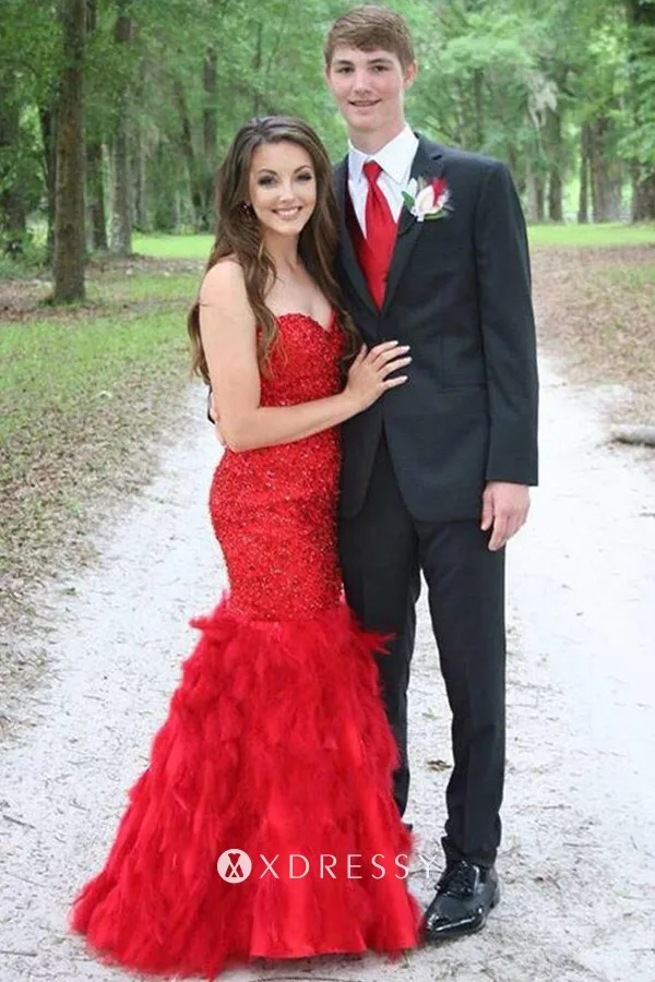 red beads feather strapless long trumpet engagement gown red beads feather strapless long trumpet engagement gown