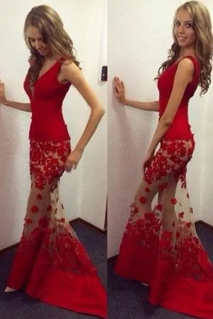 red satin sheer floral skirt mermaid prom dress