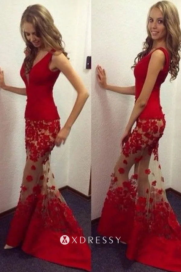 red satin sheer floral skirt mermaid prom dress red satin sheer floral skirt mermaid prom dress