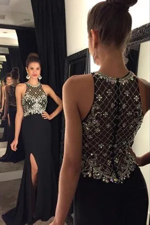 diamonds beads embellished black split prom dress