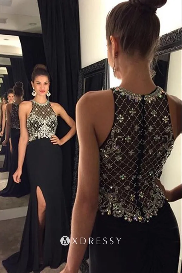 diamonds beads embellished black split prom dress diamonds beads embellished black split prom dress