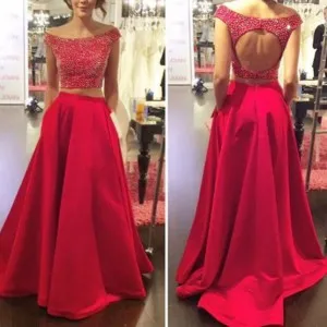 off shoulder beaded top red two piece prom dress