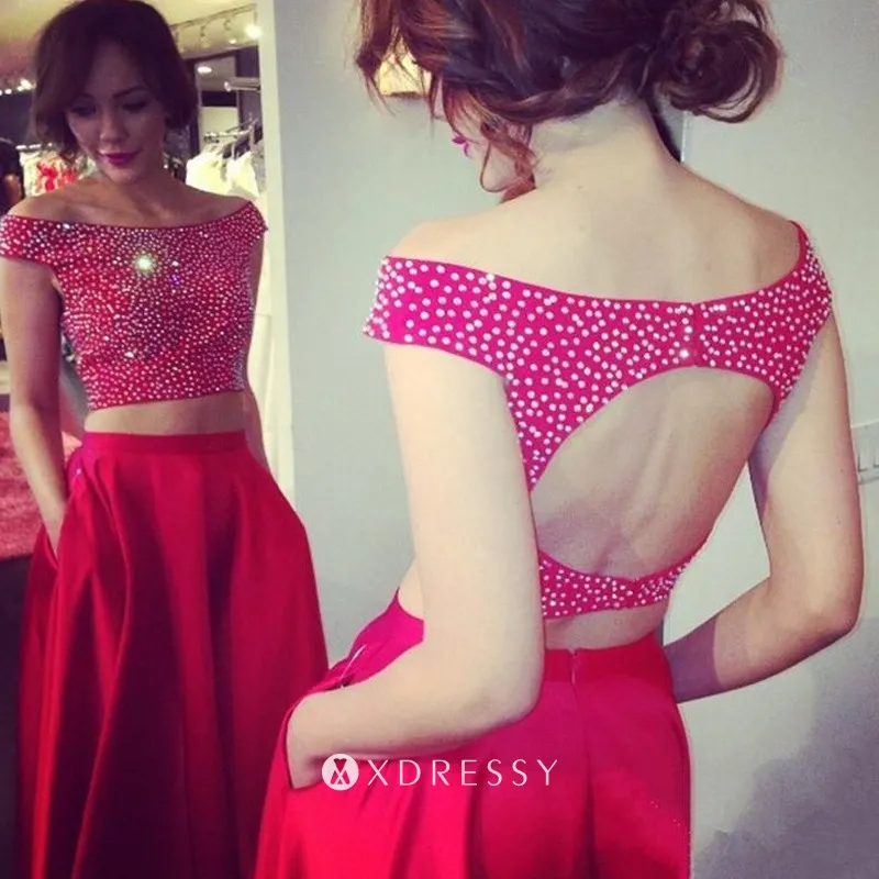 open back off shoulder beaded top red two piece prom dress