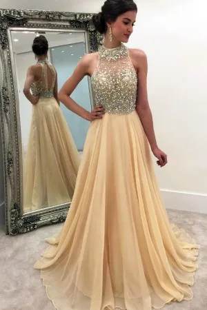 diamonds beaded sheer bodice champagne prom dress