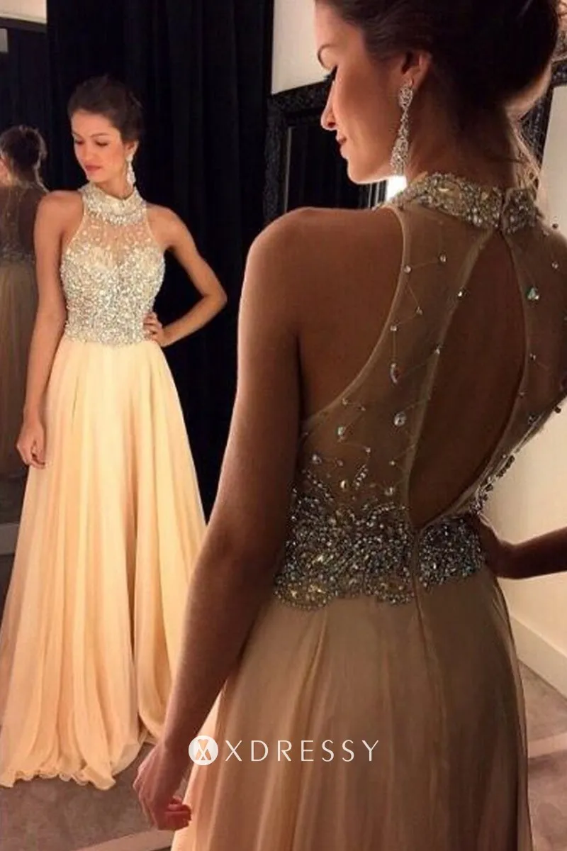 Diamonds Beaded Sheer Bodice Champagne Prom Dress Xdressy