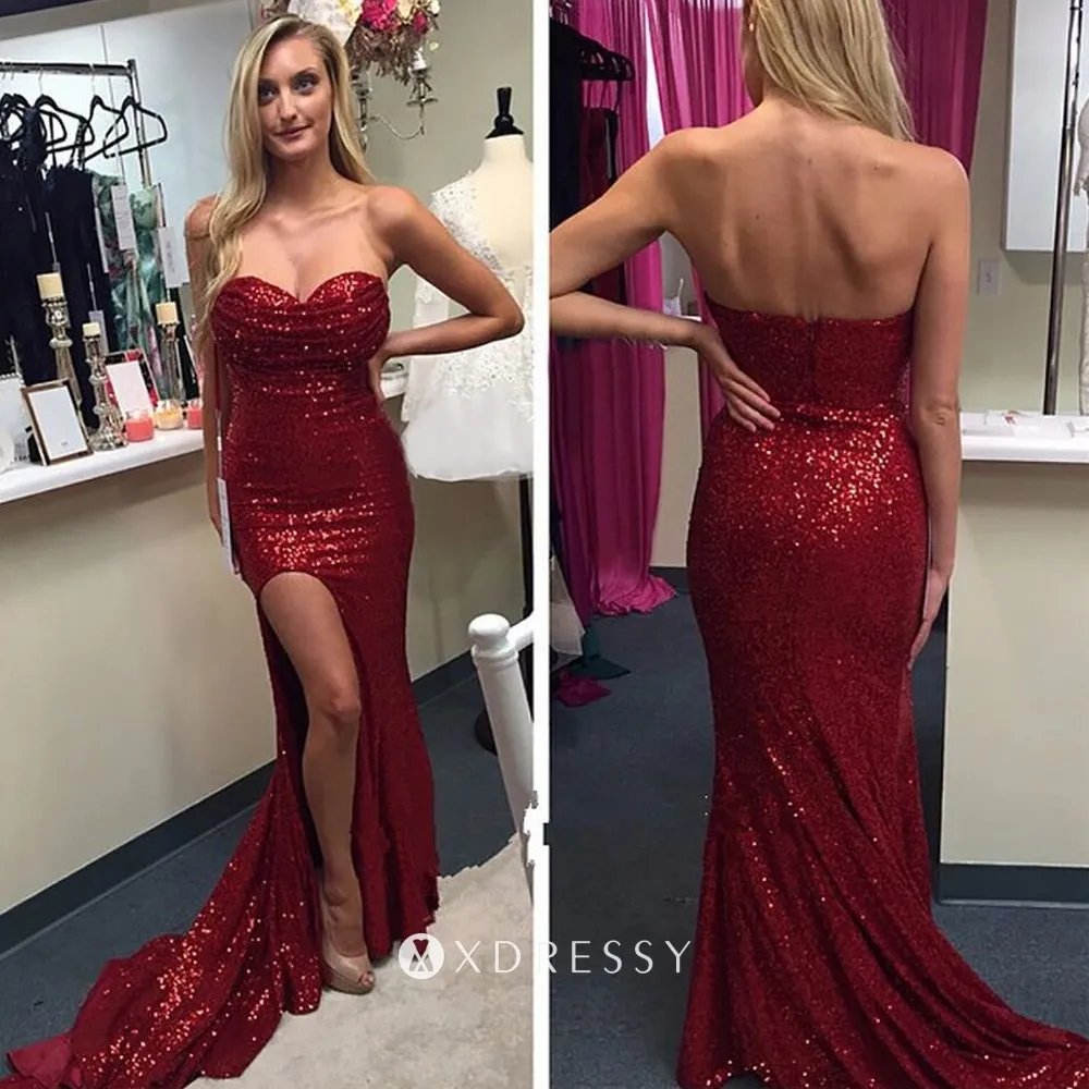 dark red strapless sweetheart ruched sequin prom dress