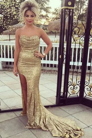 strapless sweetheart ruched gold sequin prom dress