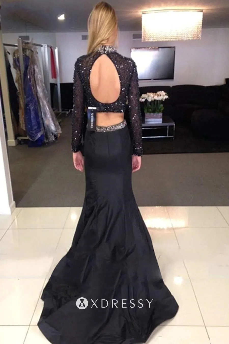 beading high neck black satin two piece prom dress with medium train