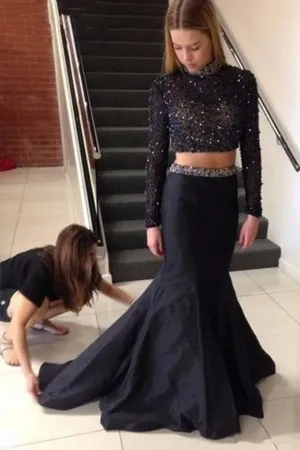 black beading satin high neck two piece prom dress