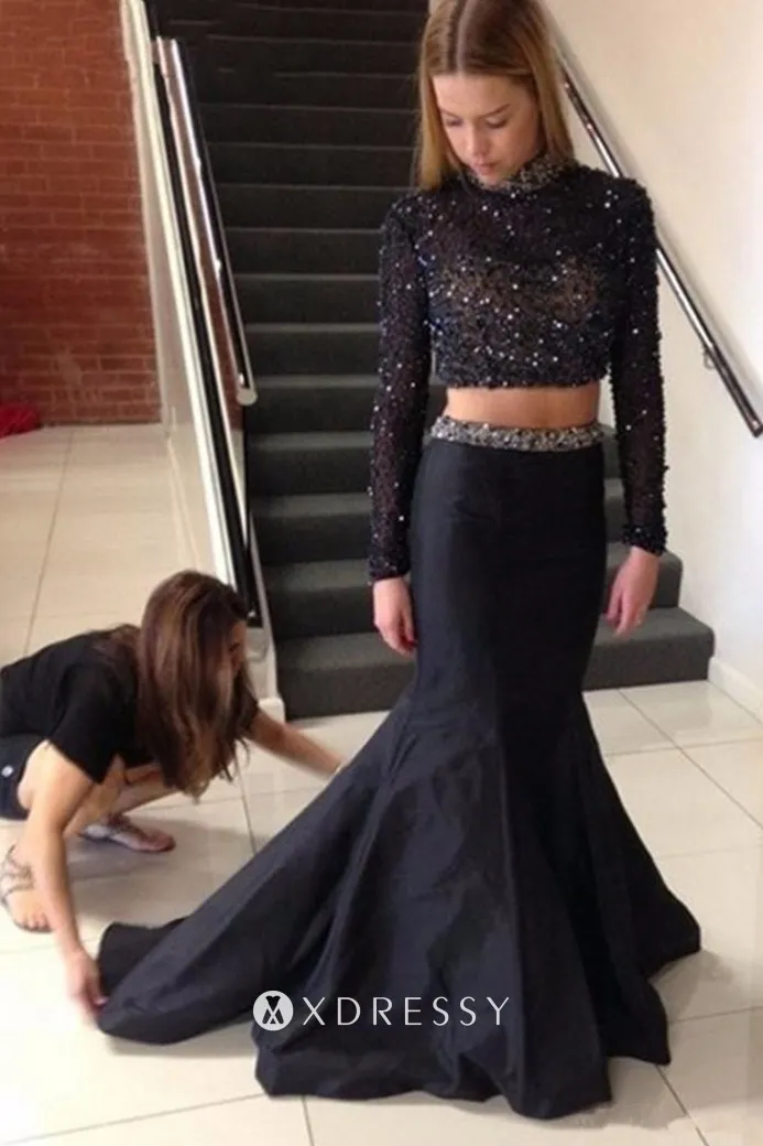 black beading satin high neck two piece prom dress