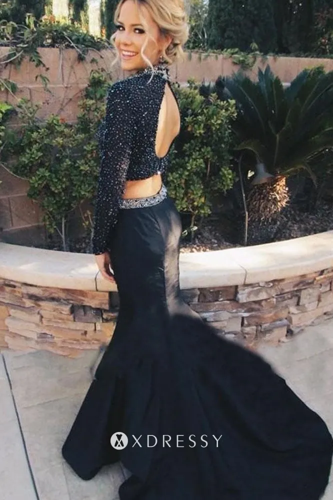 open back beading high neck black satin two piece prom dress