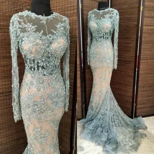 beaded dusty blue lace overlay nude long prom gown
