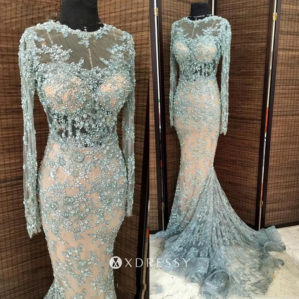 beaded dusty blue lace overlay nude long prom gown