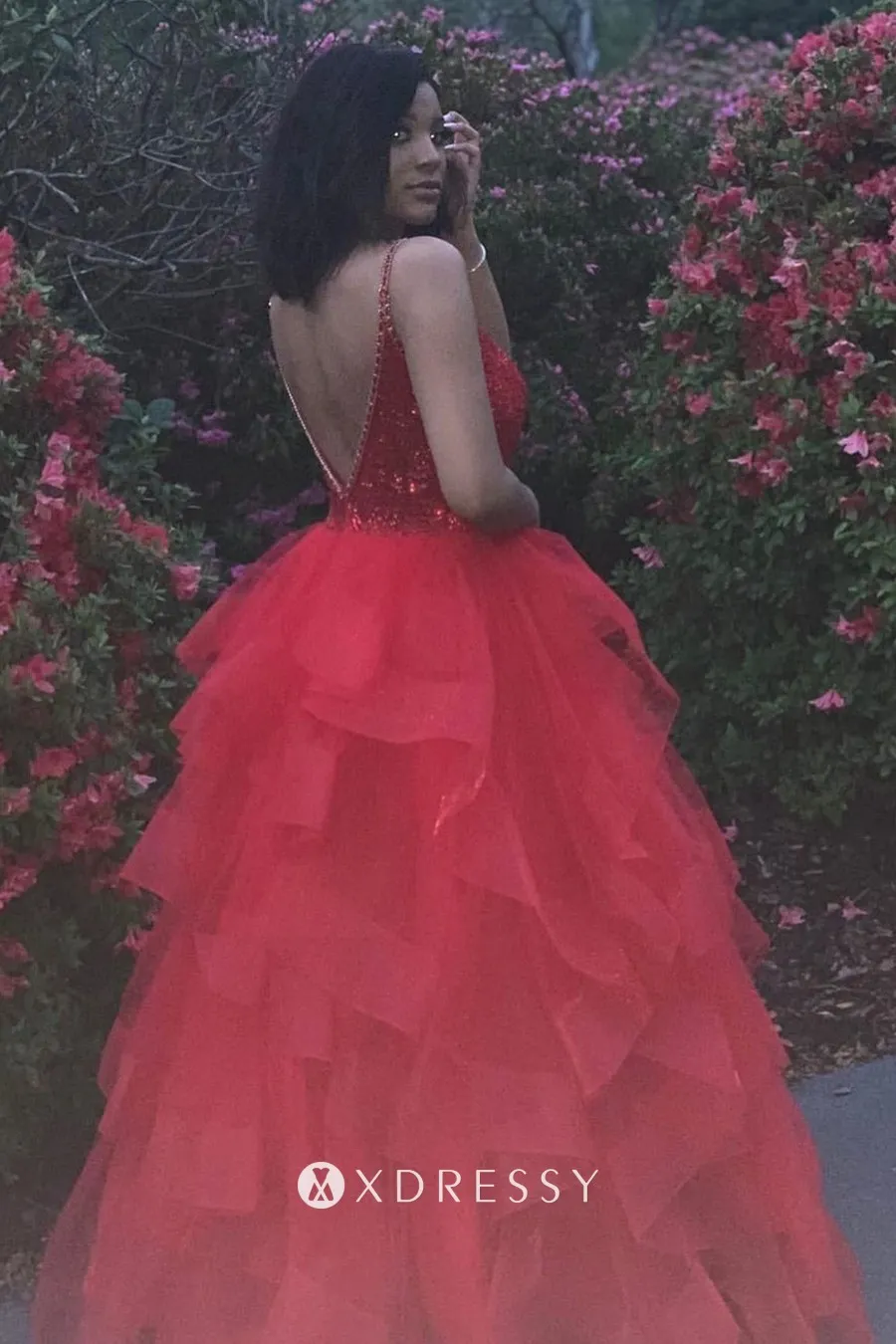 low back red sequin tulle plunging neck flounced prom dress low back red sequin tulle plunging neck flounced prom dress