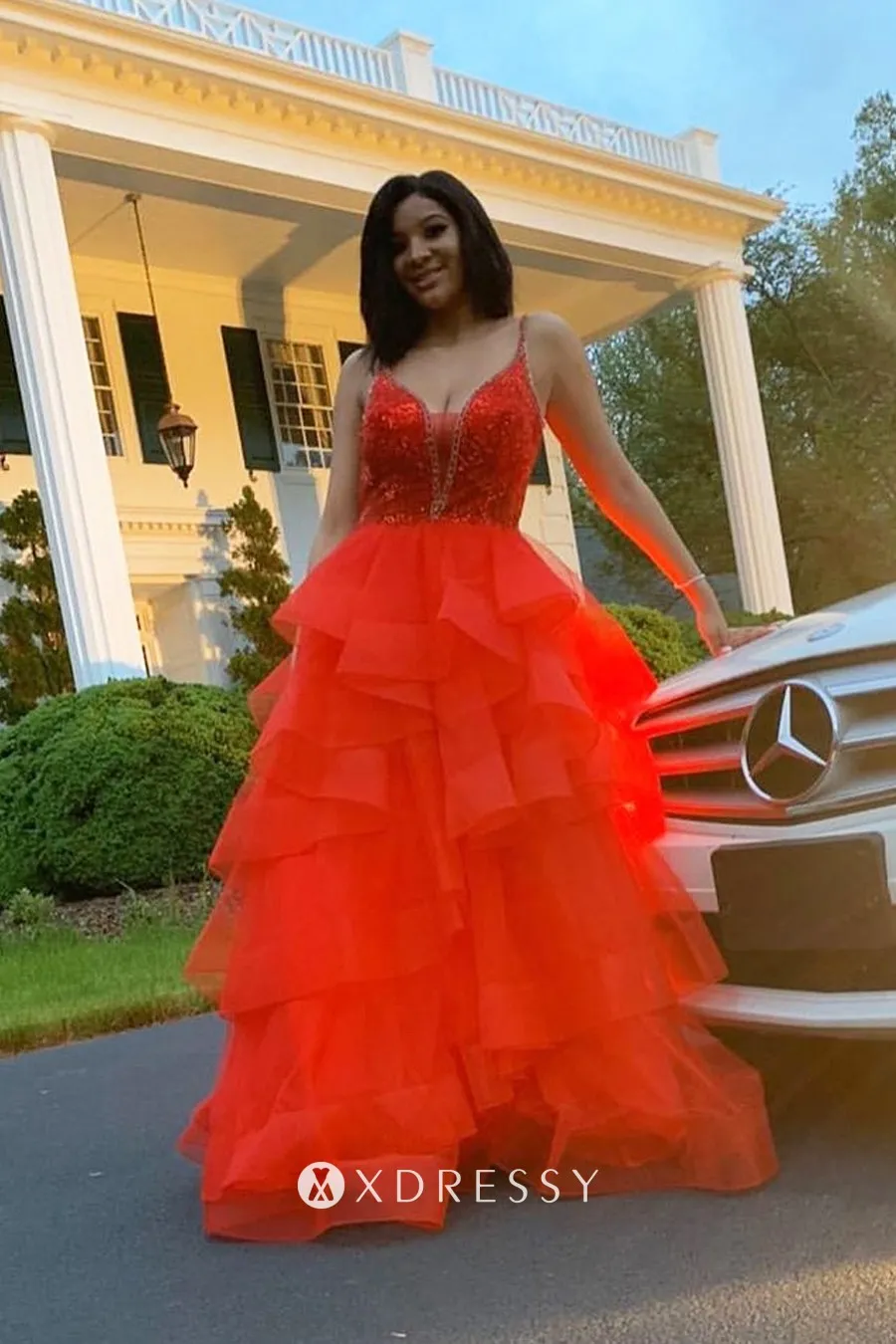 red sequin tulle plunging neck flounced prom dress red sequin tulle plunging neck flounced prom dress