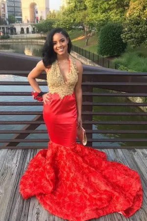 gold lace appliqued red 3D rose mermaid prom dress