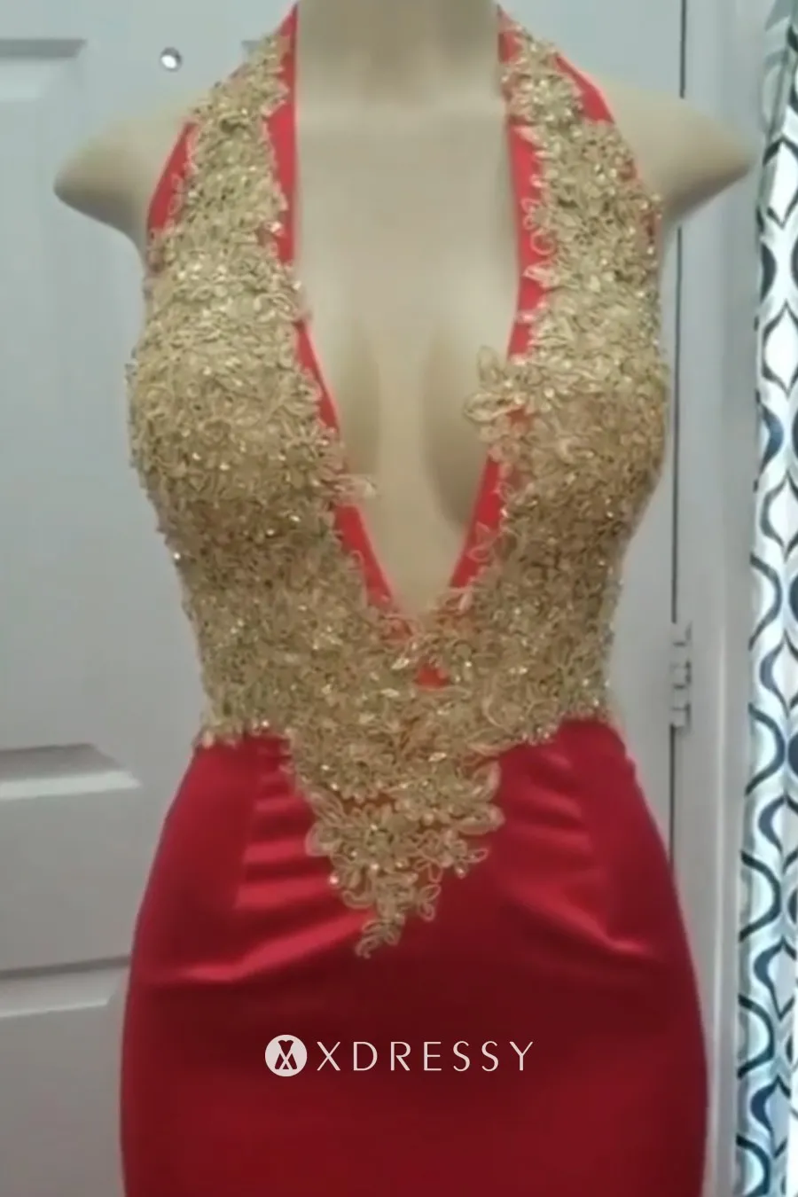 halter plunging V neck gold lace red 3D rose mermaid prom dress halter plunging V neck gold lace red 3D rose mermaid prom dress