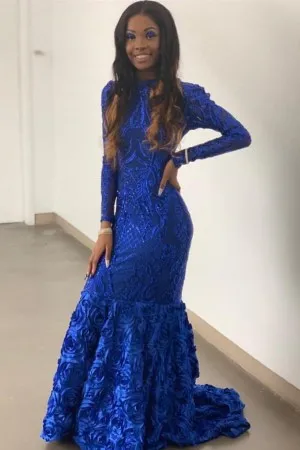 royal blue sequin 3D rose mermaid long prom gown