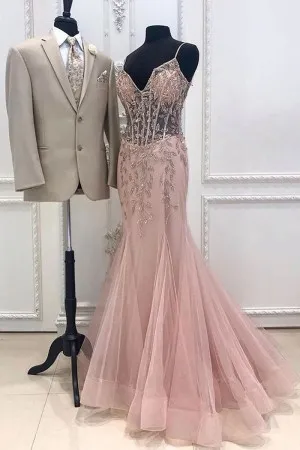 dusty pink beads tulle V neck trumpet prom dress