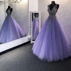 diamonds beaded bodice lavender tulle long prom ball gown