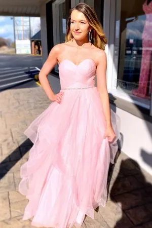 baby pink tulle strapless sweetheart formal dress