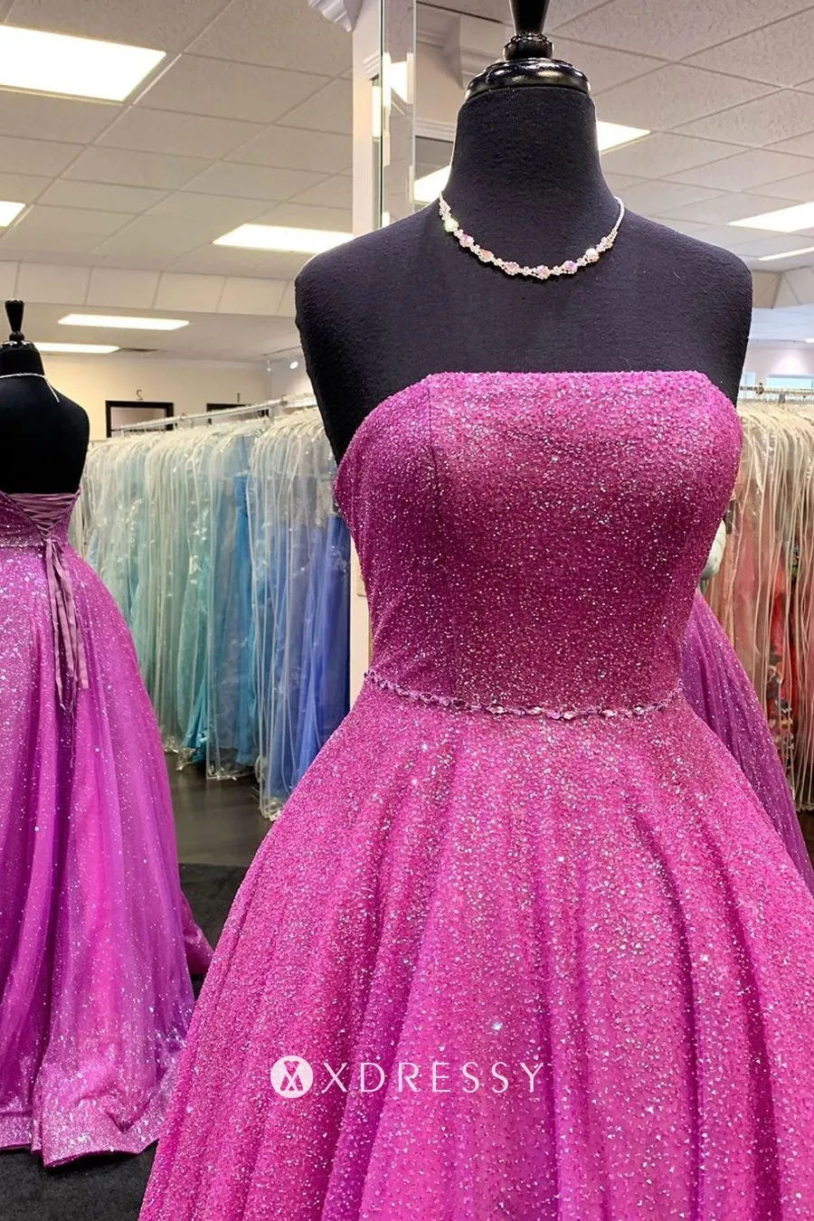 strapless fuchsia glitter fabric simple A line prom dress strapless fuchsia glitter fabric simple A line prom dress