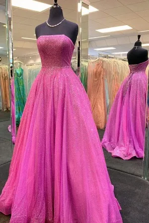 strapless fuchsia glitter fabric simple prom dress