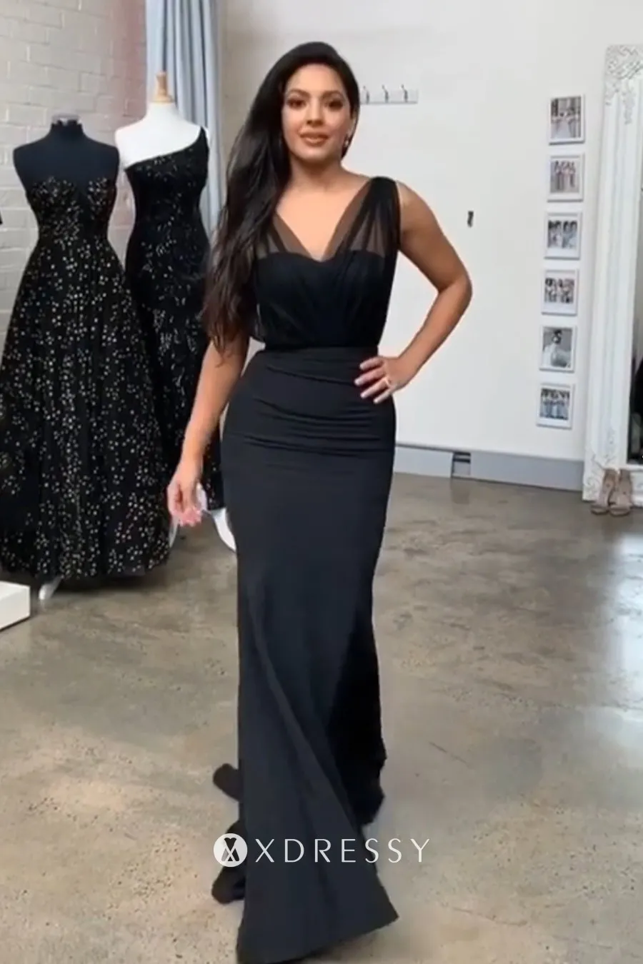 V neck dark navy tulle satin evening formal gown V neck dark navy tulle satin evening formal gown