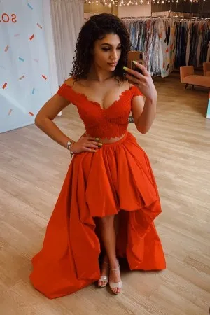 two piece V neck bubble hem high low red prom gown