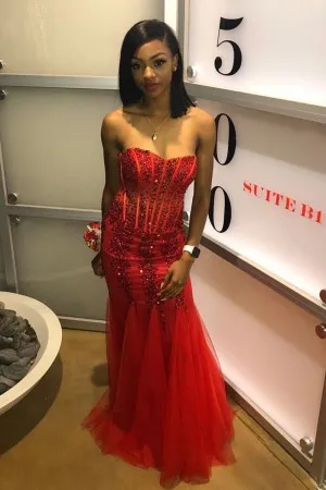 beaded red satin strapless mermaid long prom dress