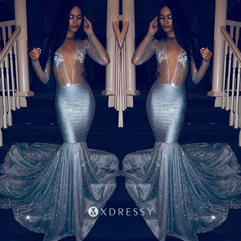 plunging V neck sheer sliver glitter prom dress with long train plunging V neck sheer sliver glitter prom dress with long train