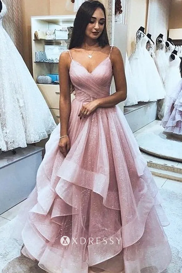 V neck dusty pink tulle flounced A line prom dress V neck dusty pink tulle flounced A line prom dress