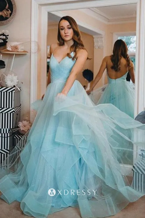 flounced baby blue tulle A line prom dress flounced baby blue tulle A line prom dress