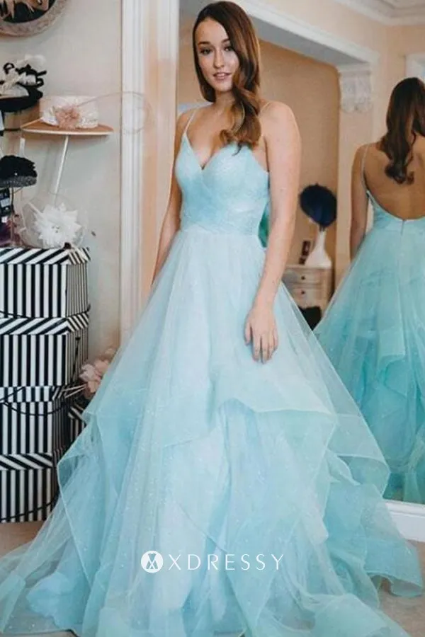 spaghetti straps baby blue tulle flounced A line prom dress spaghetti straps baby blue tulle flounced A line prom dress