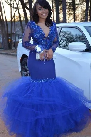 blue beaded lace tulle sleeved trumpet prom gown