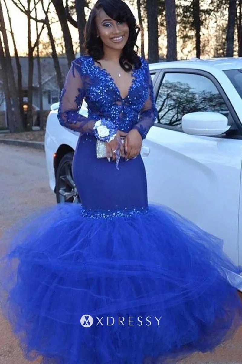 Tulle Sleeved Trumpet Prom Gown - Xdressy