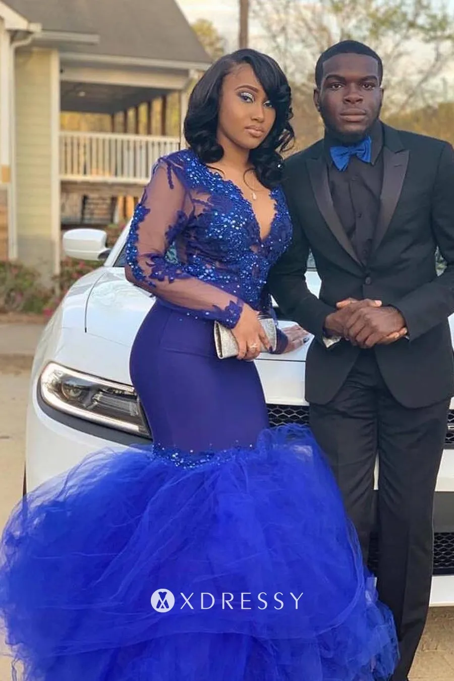 long sleeve blue beaded lace tulle trumpet prom gown