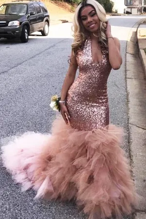 halter neck nude sequin tiered tulle prom dress