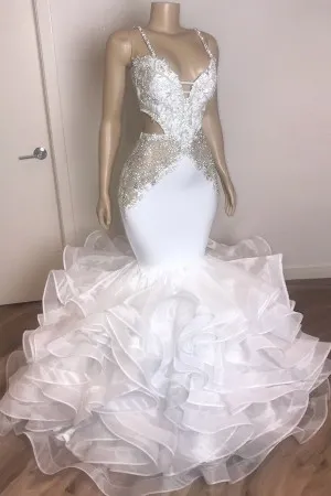 beaded satin flounced organza trumpet prom dress
