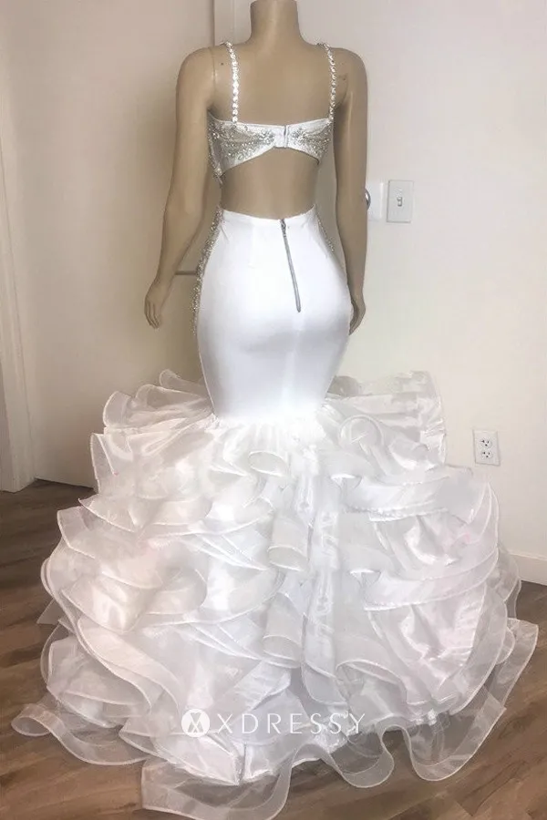 flounced organza beaded satin trumpet prom dress