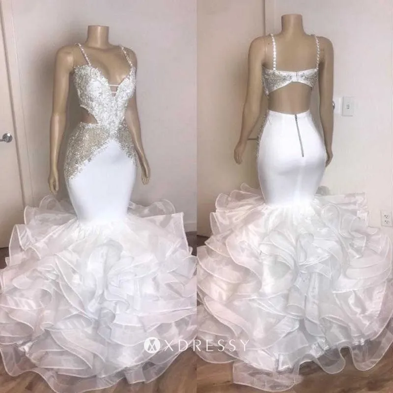 spaghetti straps beaded satin flounced organza trumpet prom dress