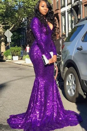 long sleeve purple sequin long trumpet prom dress