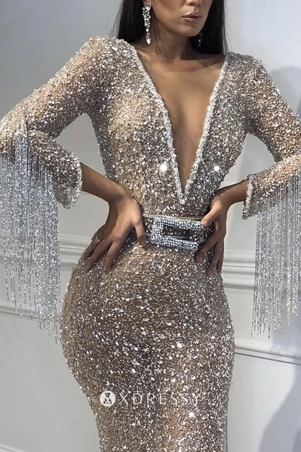 plunging deep V neckline prom dress with tassel sleeves plunging deep V neckline prom dress with tassel sleeves