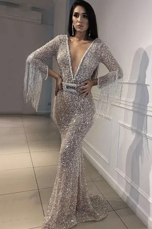 silver glitter beading plunging v neck tassel sleeve prom dress