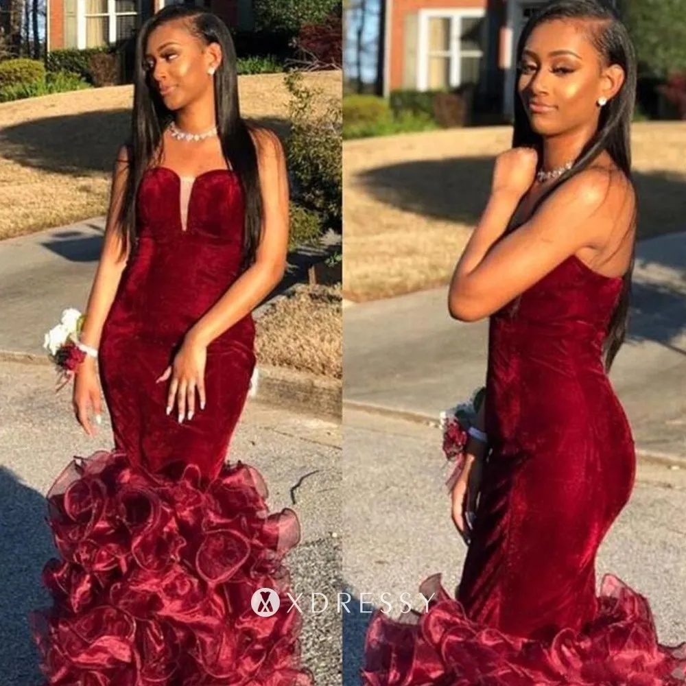 burgundy velvet ruffled organza drop waist prom dress