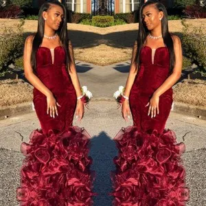 strapless burgundy velvet organza drop waist prom dress