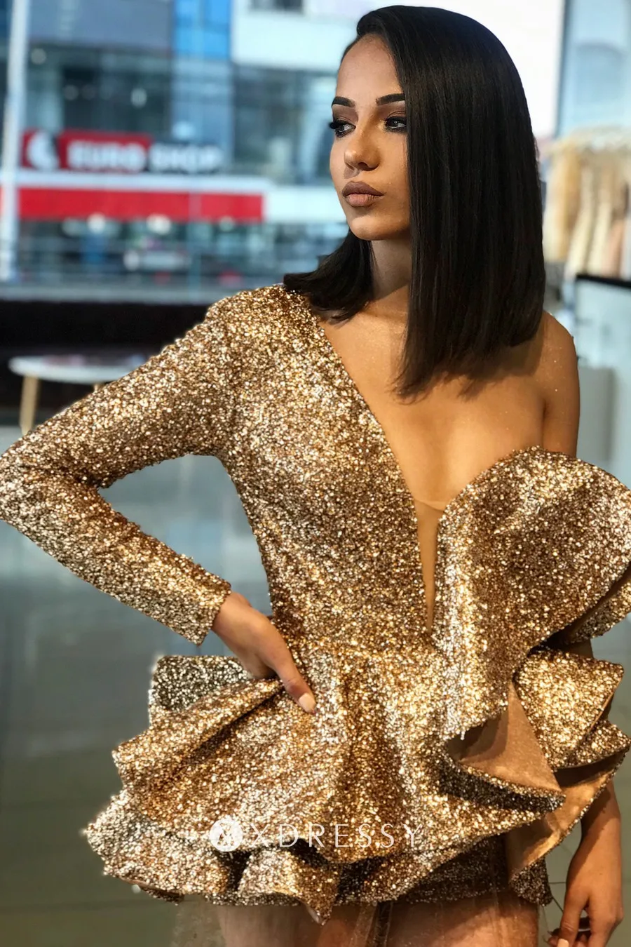 One Shoulder Gold Sequin Sheer Tulle 
