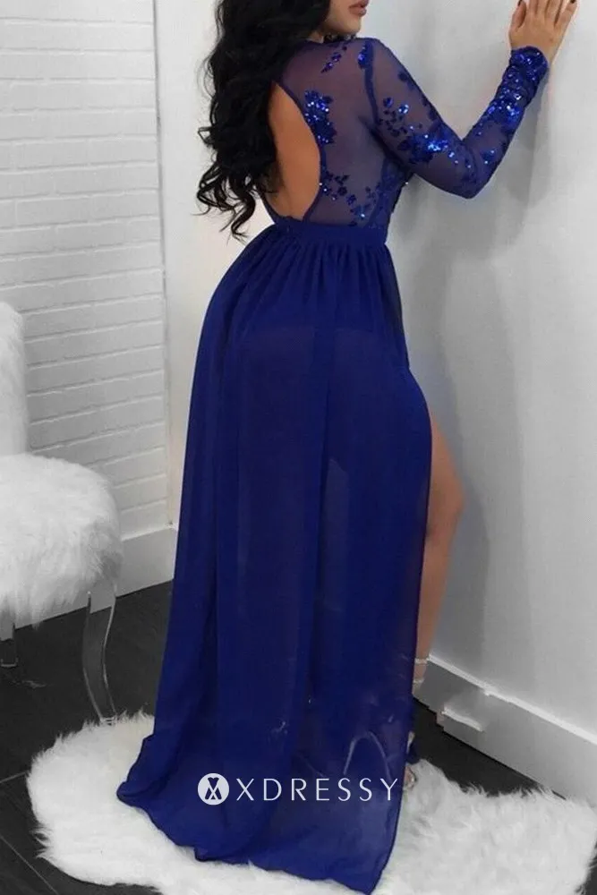 open back sequinned sheer bodice blue chiffon slit prom gown open back sequinned sheer bodice blue chiffon slit prom gown