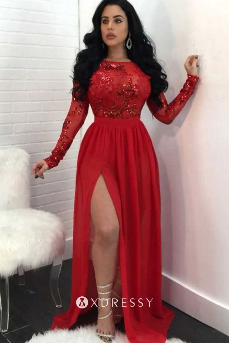 sequinned sheer bodice red chiffon slit prom gown sequinned sheer bodice red chiffon slit prom gown